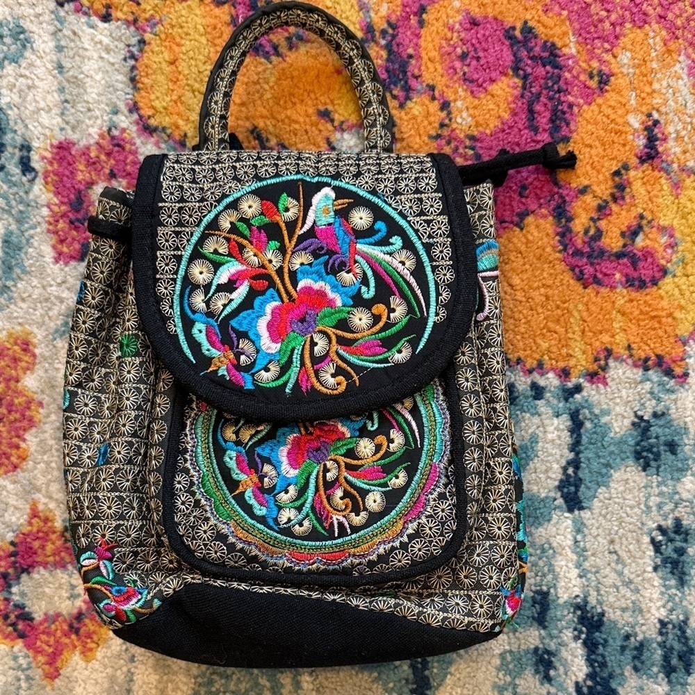Black and Multicolor Embroidered Backpack